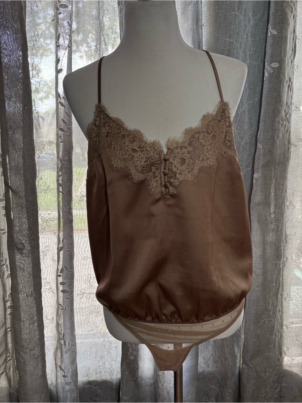 Abercrombie & Fitch Brown Lace-Trim Satin Cami Bodysuit